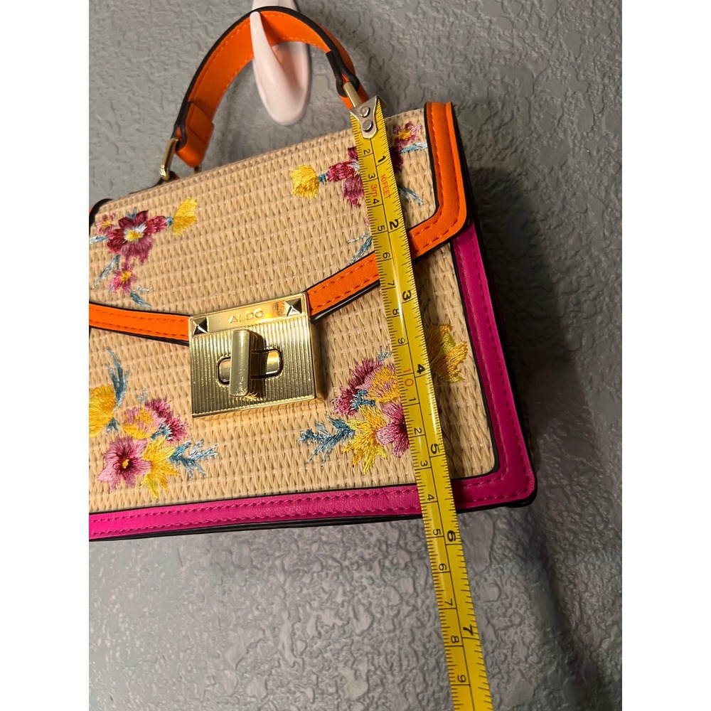 Aldo Floral Embroidered Straw Satchel Bag Colorblock Pink Orange Top Handle - Picture 8 of 11